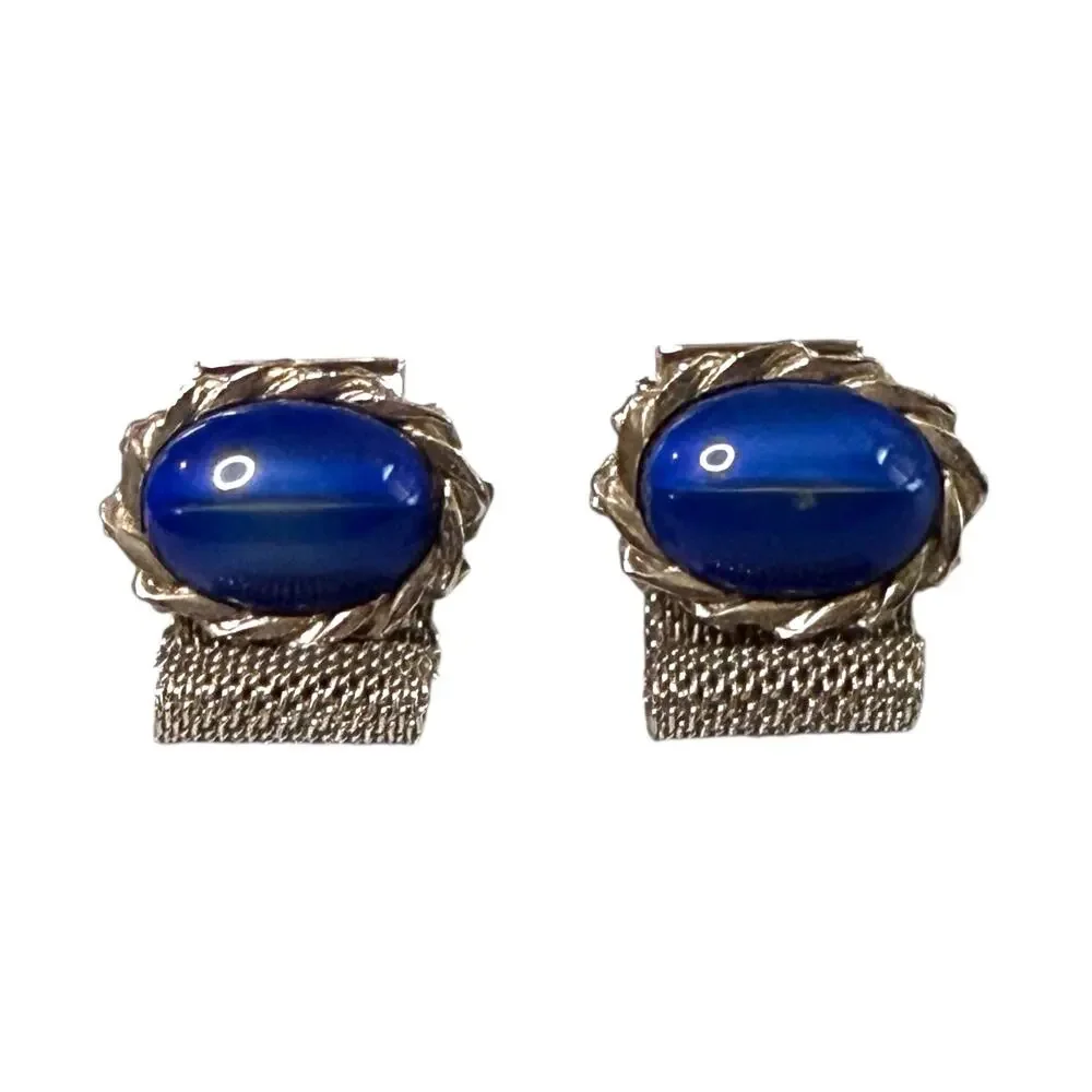 Vintage Cufflinks Mens Silver Tone Blue Cabochons Wraparound Formal Workwear